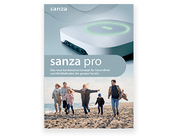 Sanza-Pro-Broschüre mit Familienmotiv am Strand