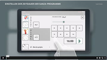 Tabletoberfläche mit Sanza-Programmauswahl und Zeitdauer­einstellung