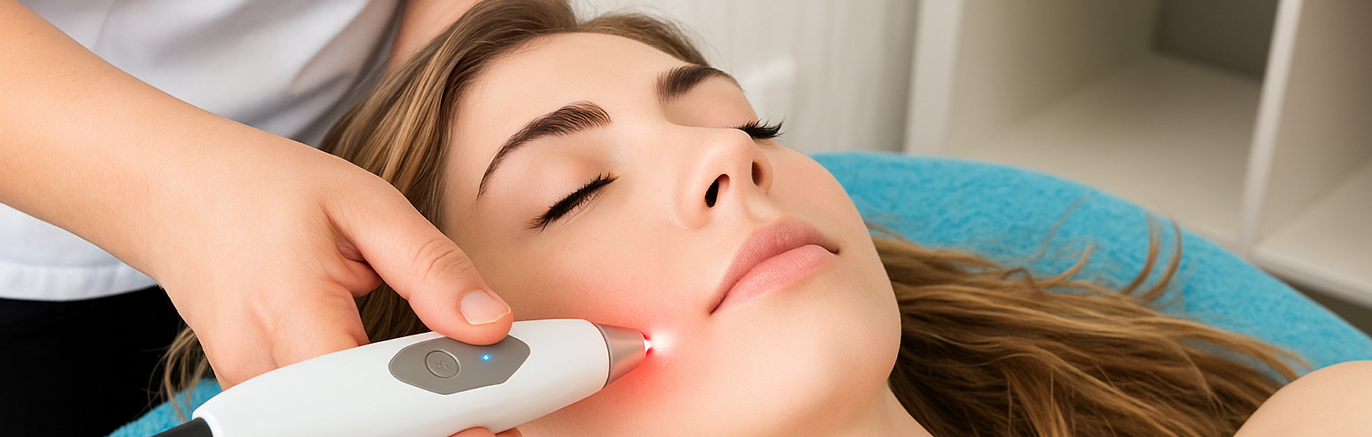 Kosmetikanwendung mit Lichttherapiegerät an der Wange einer liegenden Frau